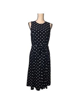 Ralph Lauren Navy Polka Dot Fit Flare Midi Dress Belt Size 10 Wedding Guest LRL